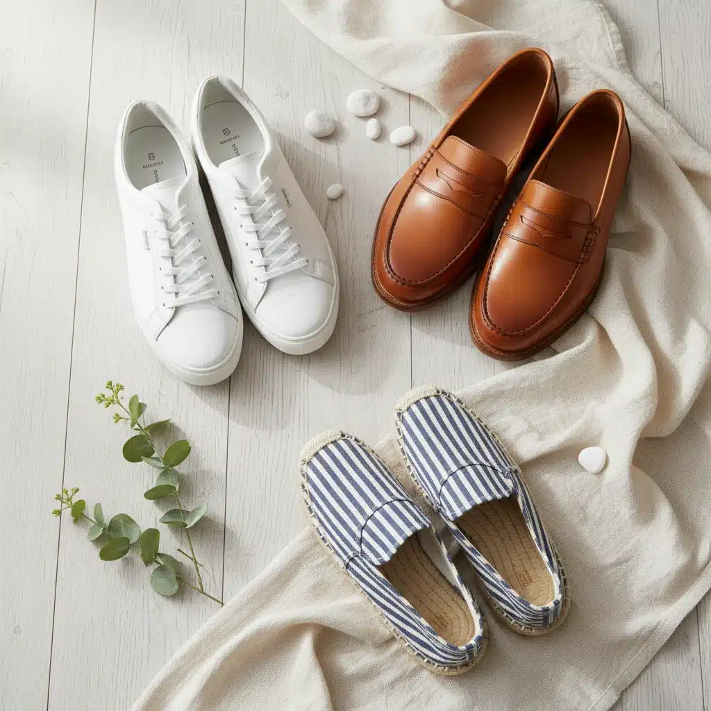 Collection of versatile men's spring footwear: white sneakers, loafers, and espadrilles.