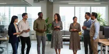 Professionals in modern business casual attire in a contemporary office