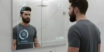 Modern man using futuristic grooming tech in a smart bathroom, looking confident.