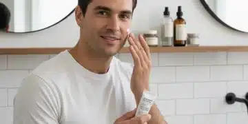 Modern man applying face moisturizer as part of his daily skincare routine, showcasing healthy skin.