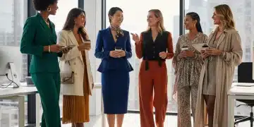 Modern professional women in diverse, stylish workwear in a contemporary office setting.