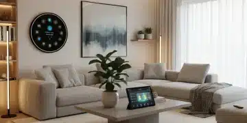 Modern living room with smart home devices and elegant lighting