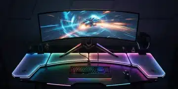 Monitor gaming curvo mostrando un videojuego de acción con colores vibrantes y alta fluidez.