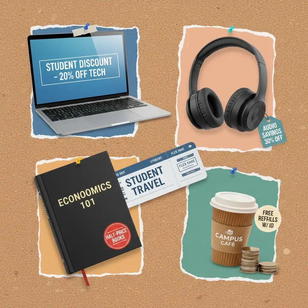 Variedad de productos y servicios con descuento para estudiantes: tecnología, libros, viajes.