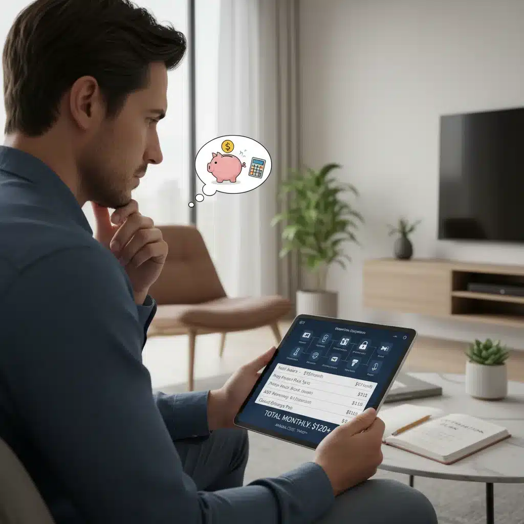 Person reviewing smart home subscription costs on a tablet, considering budget optimization strategies.