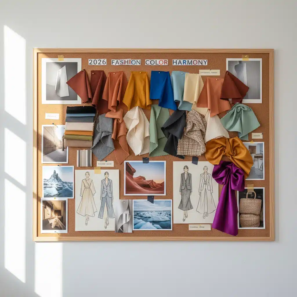 Panel de inspiración con muestras de tejidos y colores de moda para 2026.