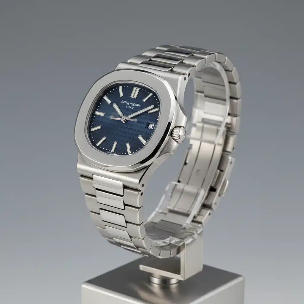 Close-up of a Patek Philippe Nautilus watch, showcasing its iconic design and intricate details.