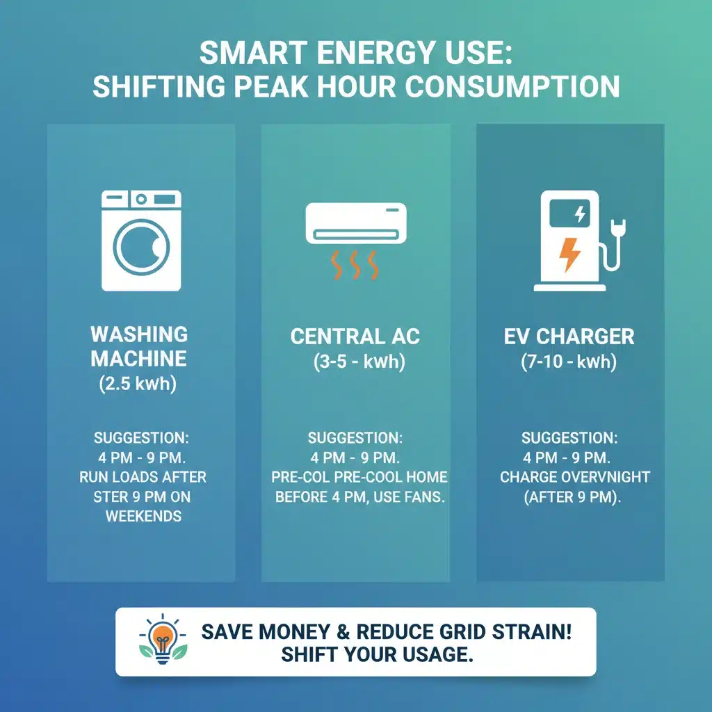 Infographic showing peak hour appliance energy consumption and optimization tips