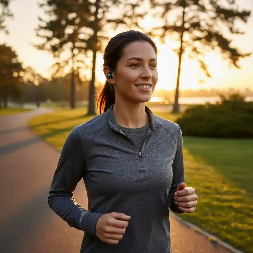 Person jogging with comfortable, secure-fitting wireless earbuds, enjoying music outdoors.