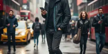 Person wearing noise-canceling headphones in a busy city street