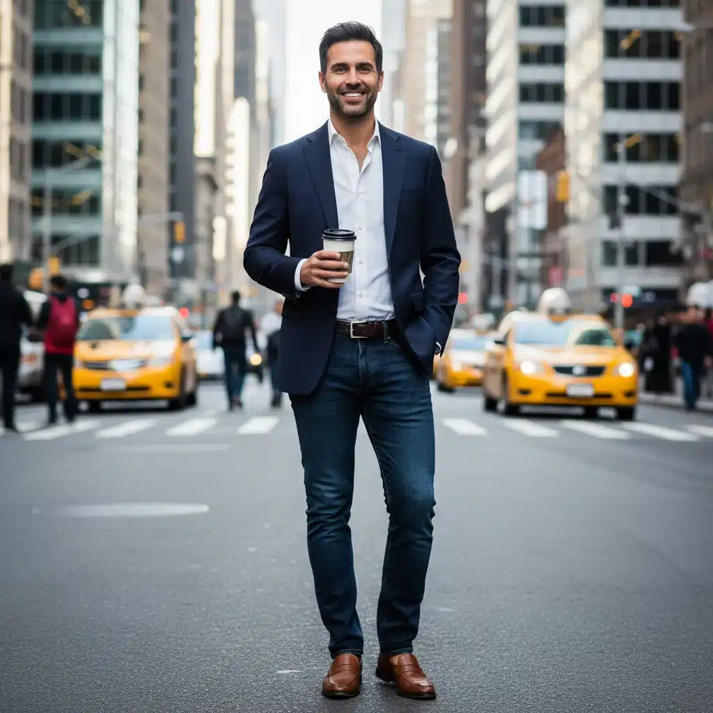 Man experiencing a personal style evolution, wearing a tailored blazer and confident expression.