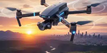 Advanced photography drone flying at sunset over a city skyline