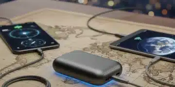 Modern portable power bank charging devices on a world map