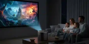 Family watching a movie on a large screen projected by a sleek portable projector in a modern living room.