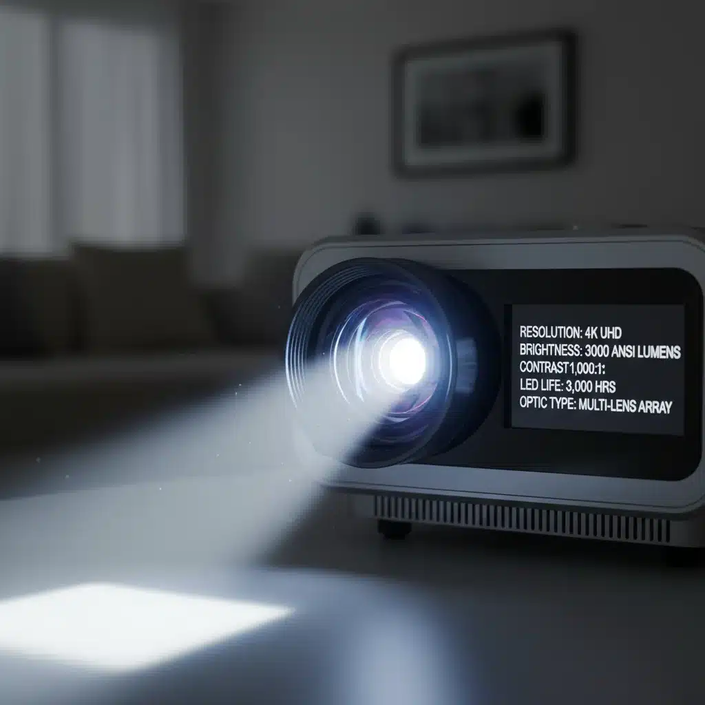 Close-up of a portable projector's advanced LED lens and display of technical specifications.