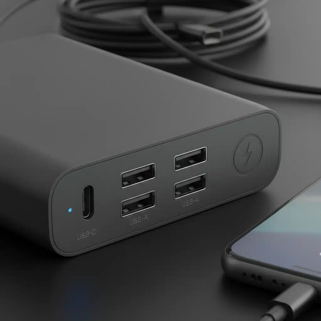 Close-up of portable power bank charging ports