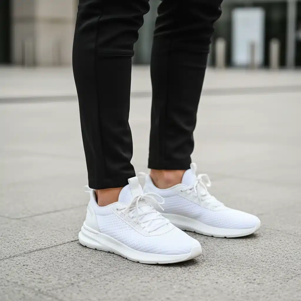 Close-up of premium white athletic sneakers with black tapered joggers on concrete