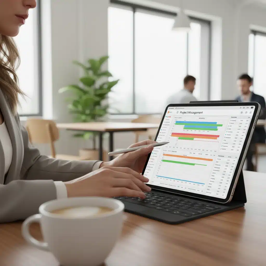 Professional working on tablet with keyboard and stylus in co-working space