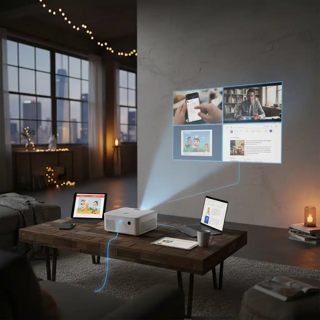 Portable projector demonstrating wireless connectivity with multiple smart devices for versatile content display.