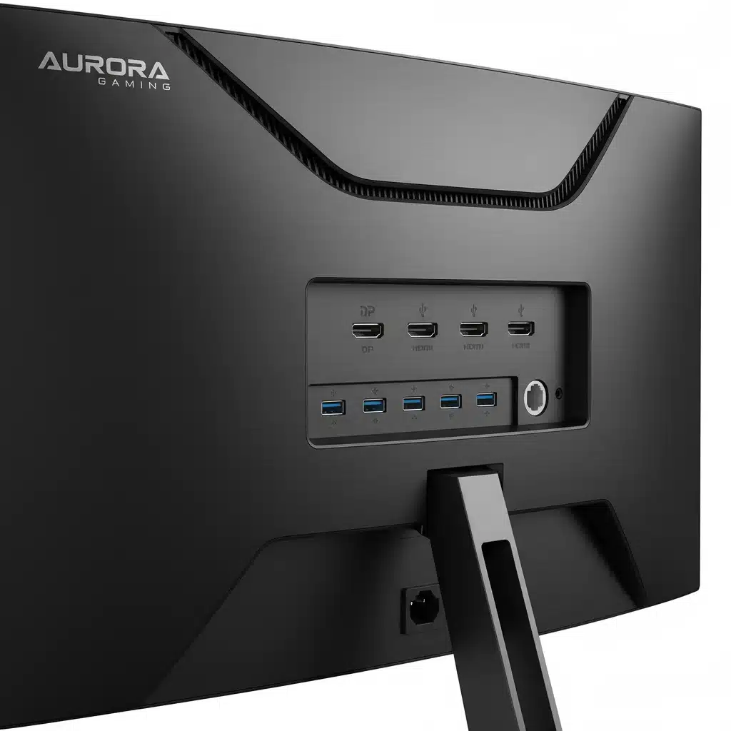 Puertos de conexión traseros de un monitor gaming curvo, incluyendo DisplayPort y HDMI.