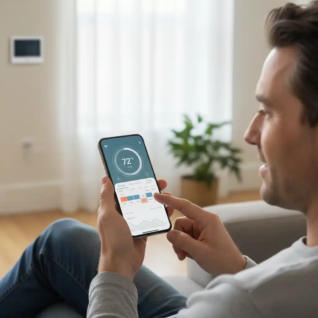 Homeowner remotely controlling smart thermostat via smartphone app