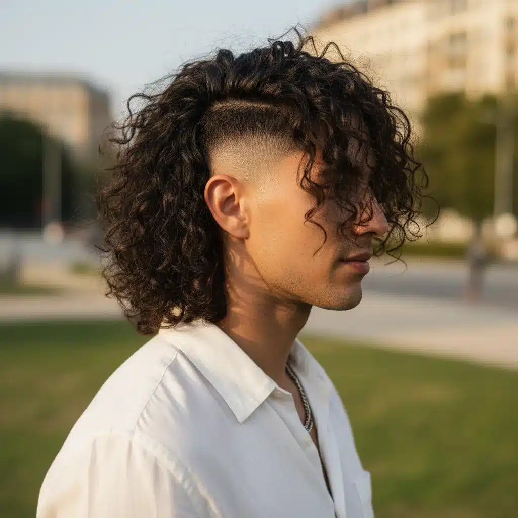 Hombre con cabello largo rizado y undercut, mostrando contraste de estilos