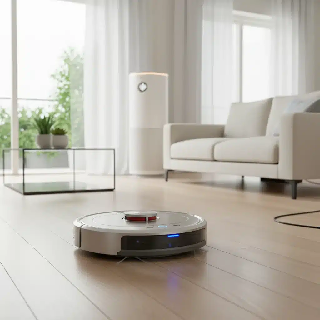 Robotic vacuum cleaner cleaning a living room with a smart air purifier operating