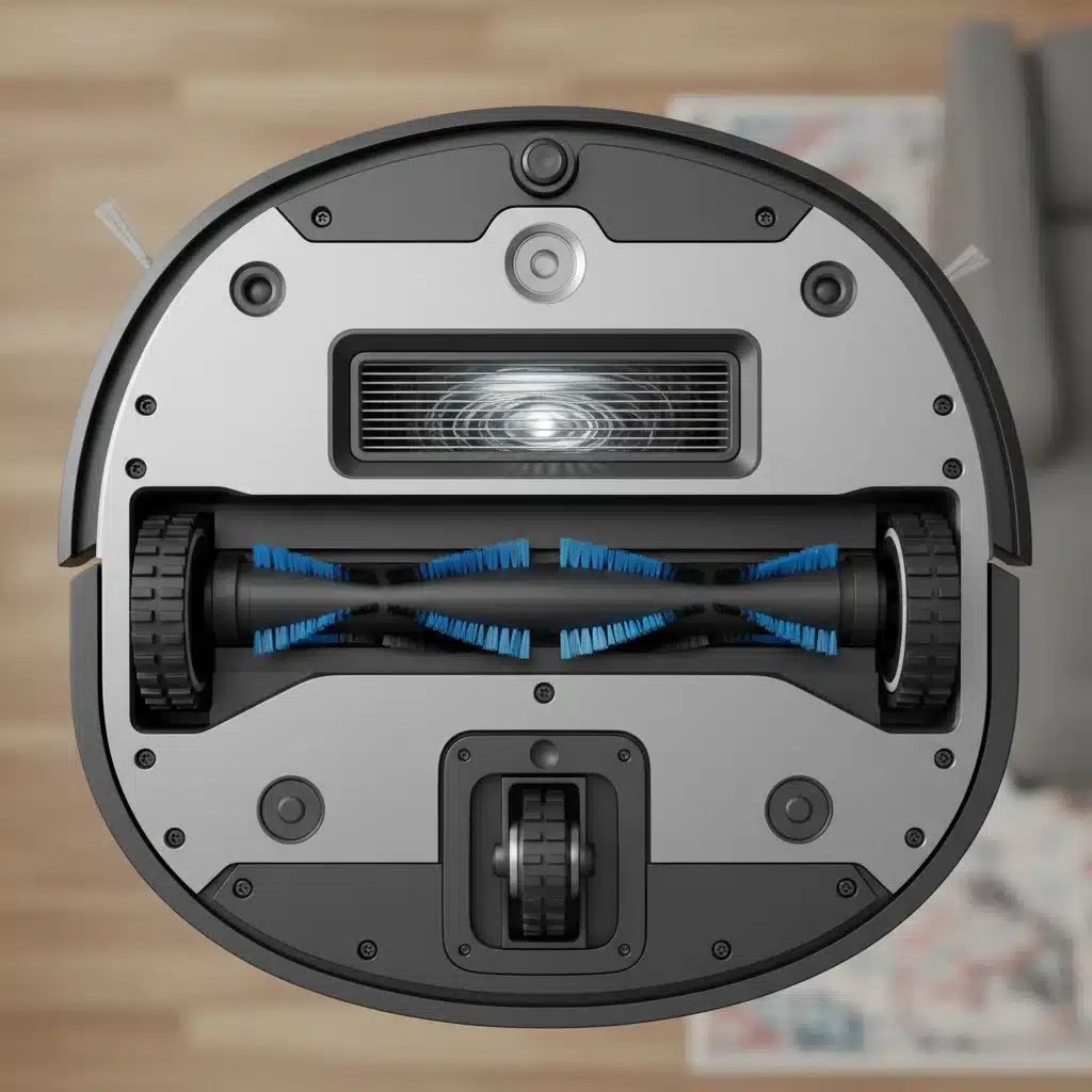 Detailed view of a robot vacuum's cleaning mechanism, showing brushes and suction port.