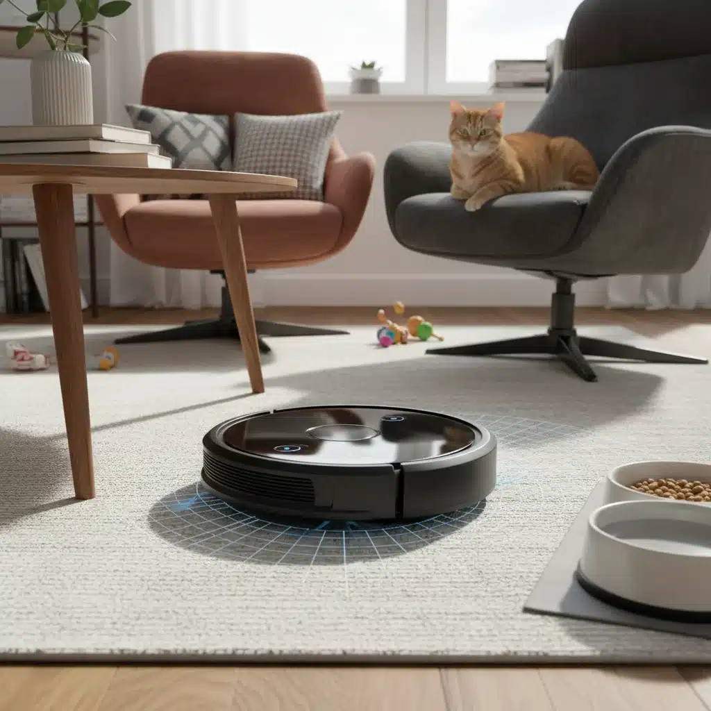Robot vacuum using smart navigation to clean around obstacles in a living room.
