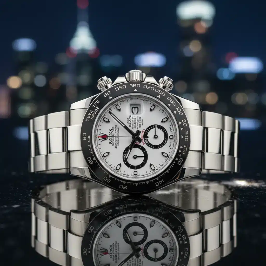 Rolex Daytona in stainless steel, highlighting its chronograph features and sporty luxury.
