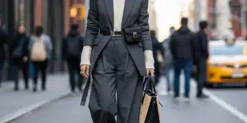 Stylish woman adapting 2026 runway fashion for everyday city wear