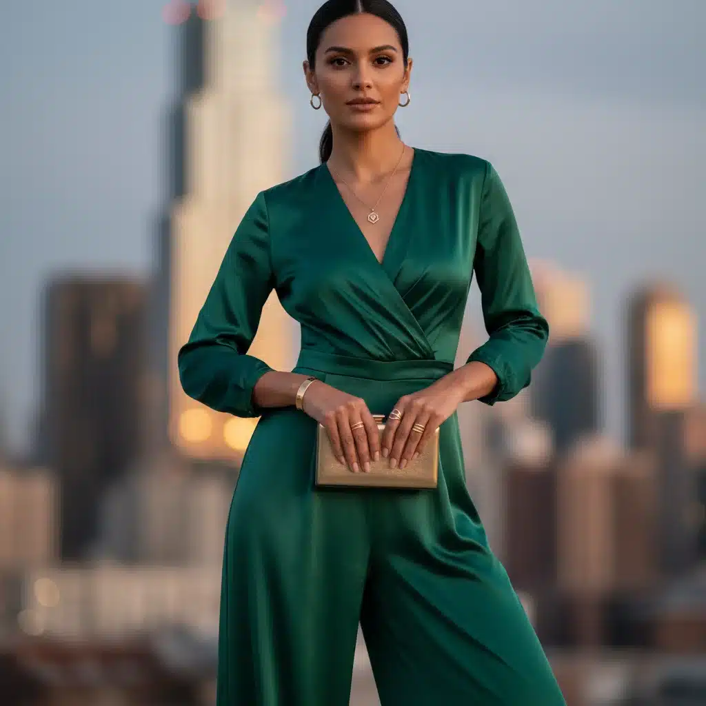 Woman wearing a tailored emerald green satin jumpsuit for evening
