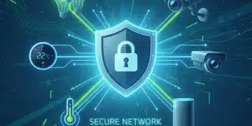 Secure smart home network with shield icon protecting connected devices