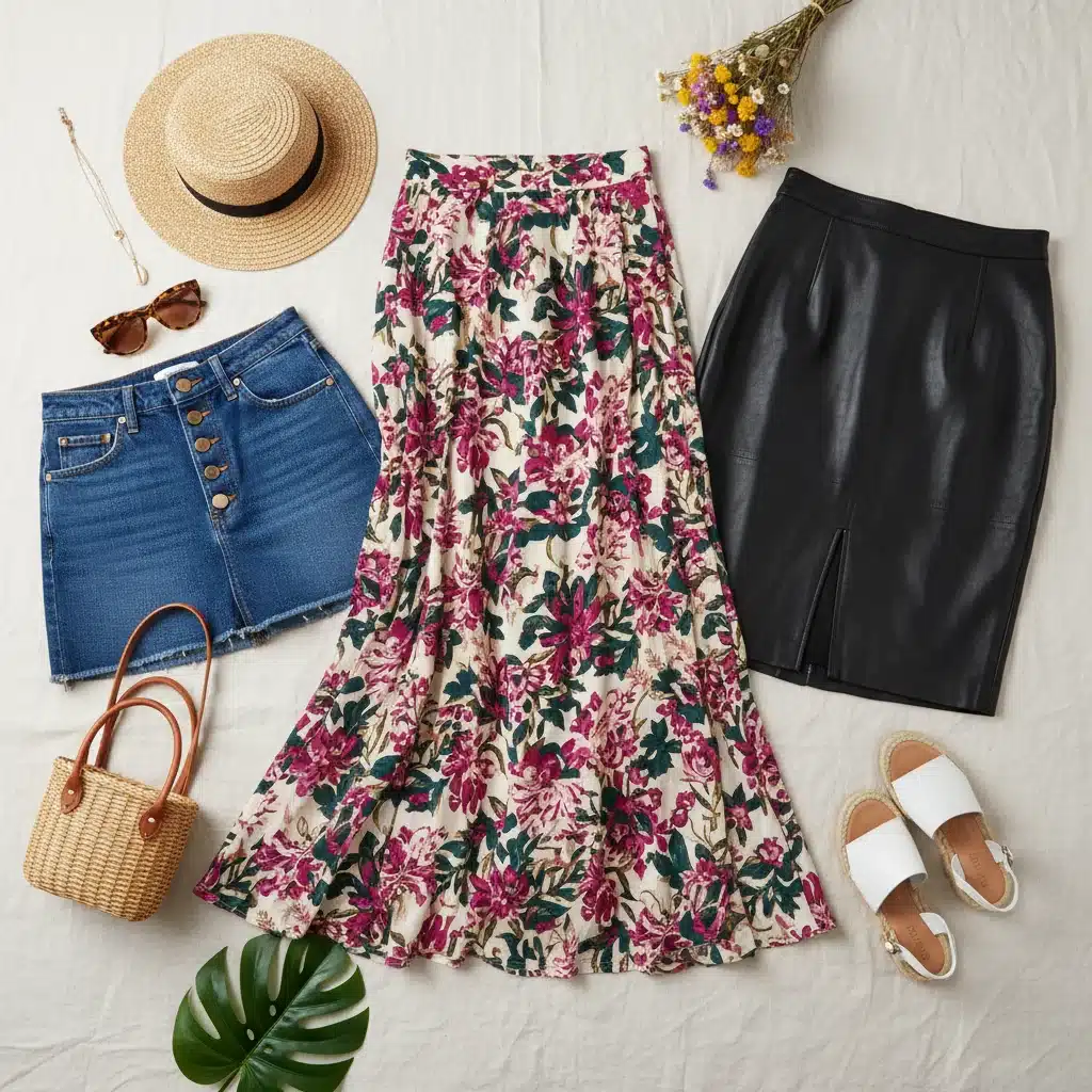 Flat lay of diverse skirt fabrics and patterns: floral maxi, denim mini, leather pencil, with accessories.