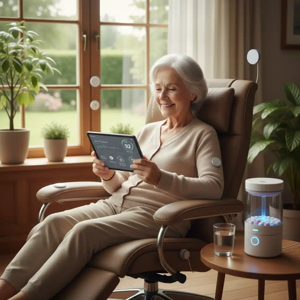 Elderly person in smart home setting with health monitoring and automated care.