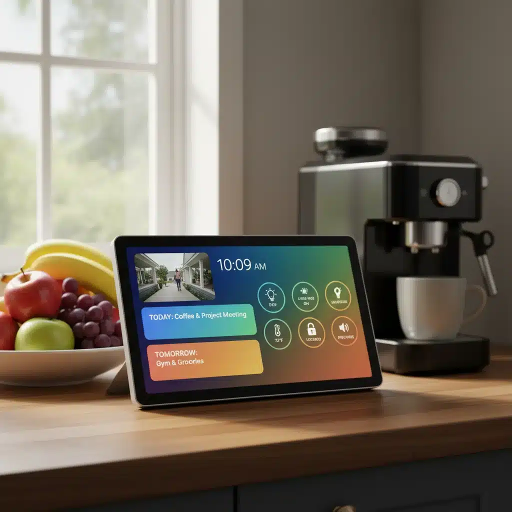 Smart display showing smart home controls and calendar.