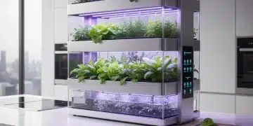 Smart garden system with fresh herbs and vegetables under LED lights