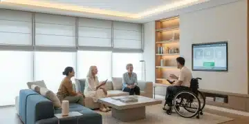Modern smart home interior with integrated accessibility features and diverse residents.