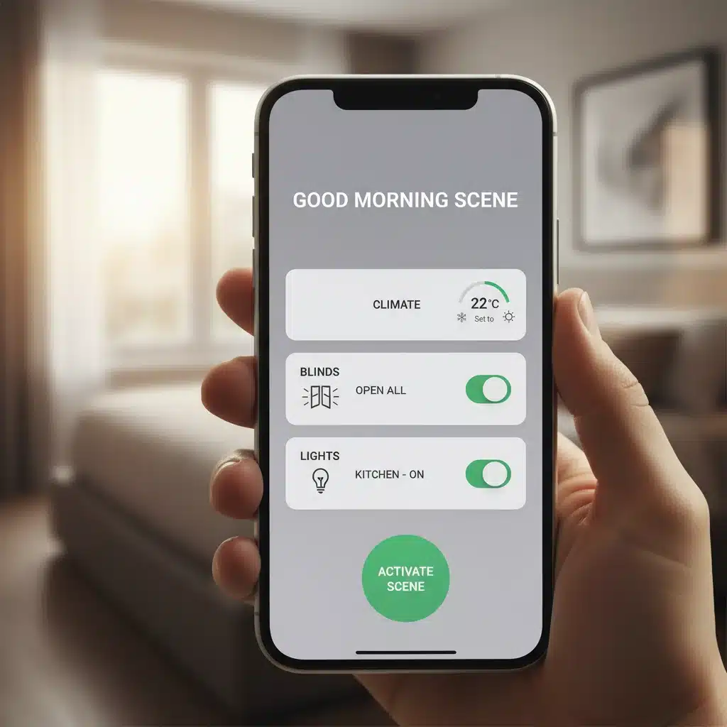 Smartphone app screen showing custom smart home scene settings