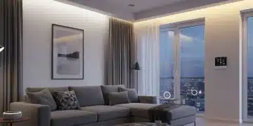 Smart home automation setup with tablet controlling lights and devices