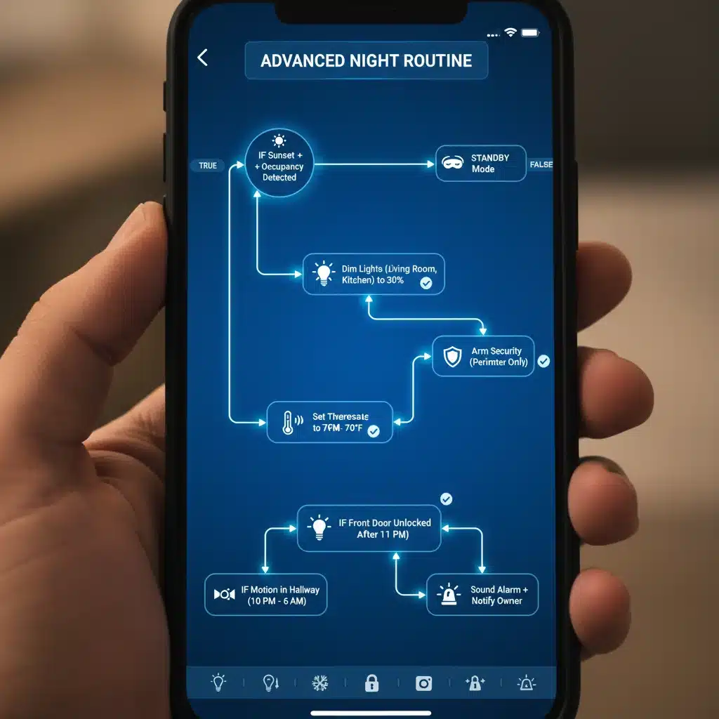 Smartphone displaying complex smart home automation flowchart for advanced routines.