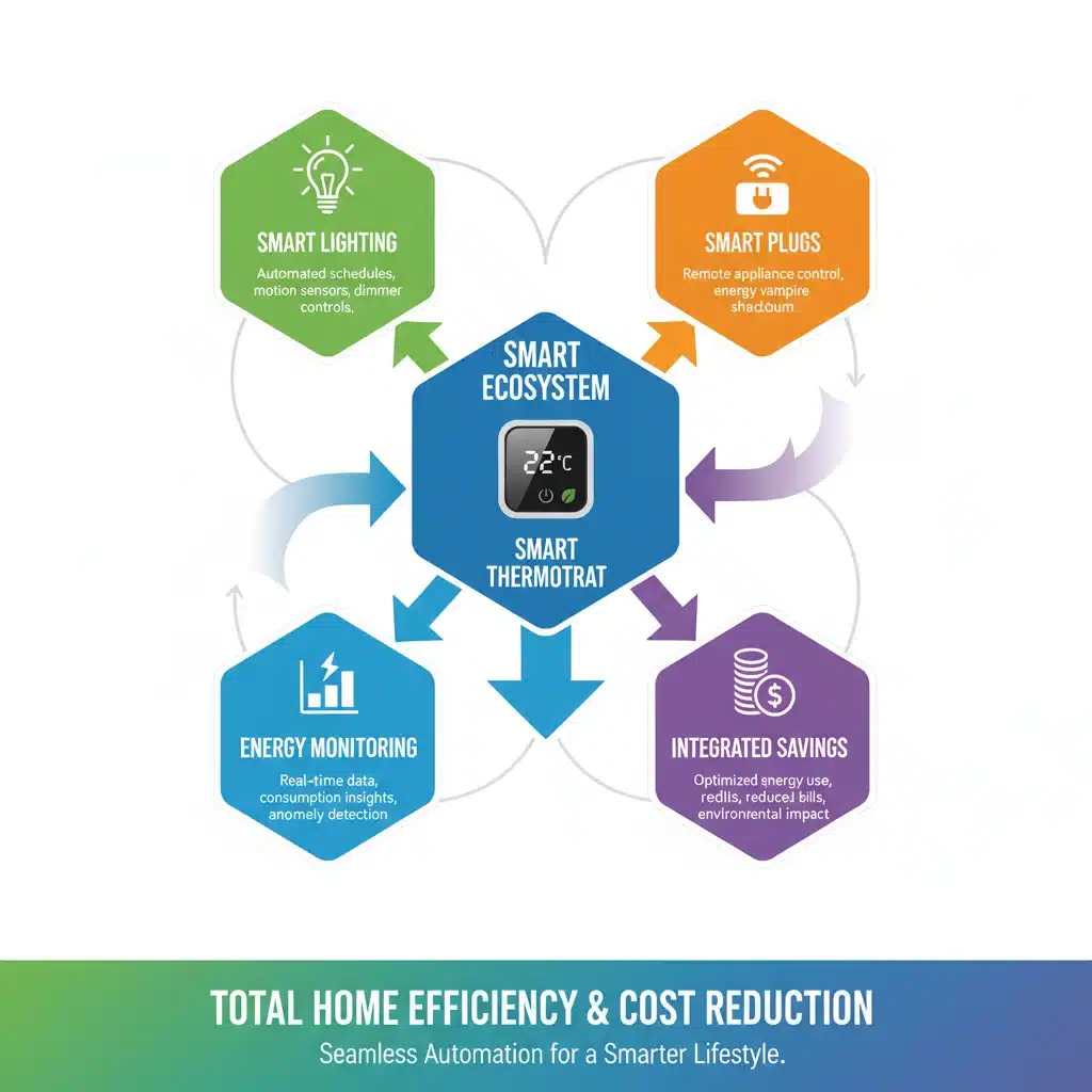 Smart home ecosystem infographic with smart thermostat at center