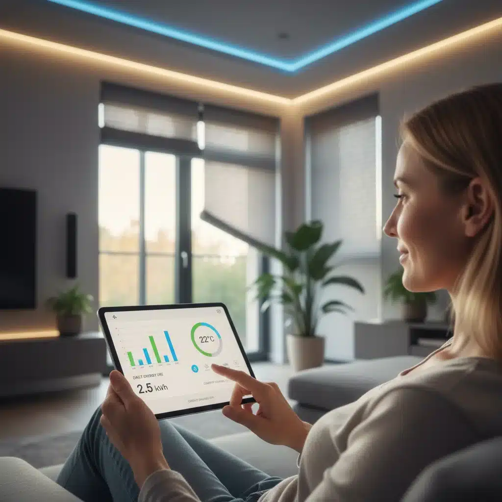 Homeowner managing smart home energy efficiency and sustainability features on a tablet