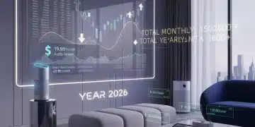 Smart home devices in a modern living room with overlaid financial data indicating subscription costs and the future of connected living.