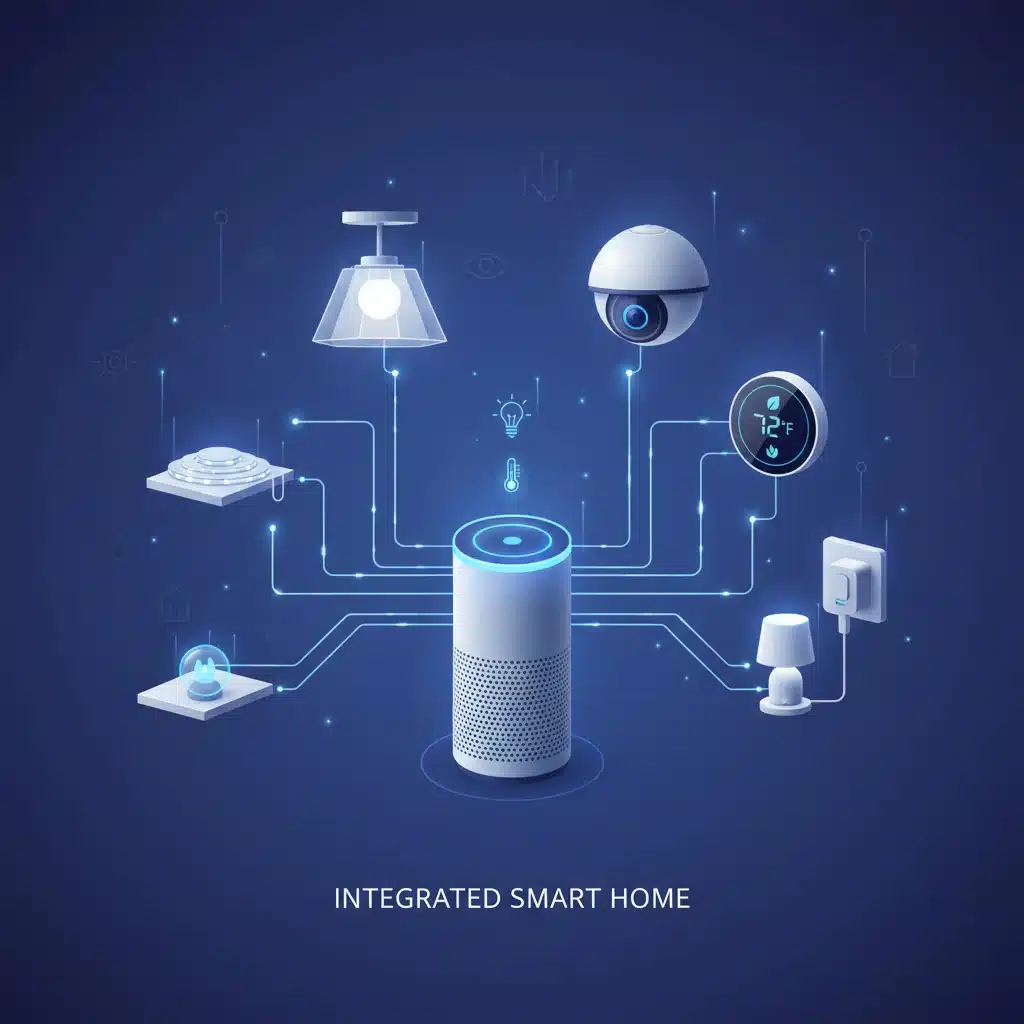 Smart speaker acting as a central hub for interconnected smart home devices.