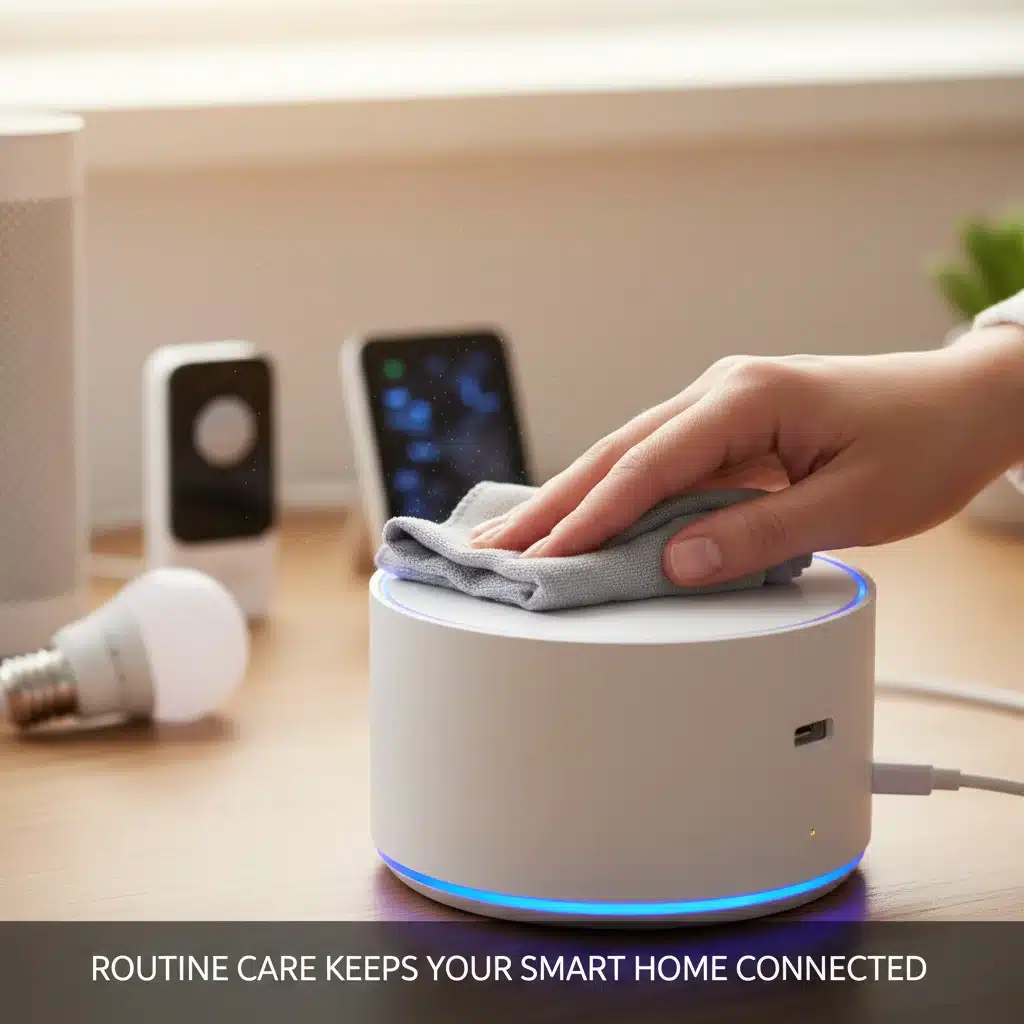 Hand performing maintenance on a smart home hub, illustrating care for device longevity.