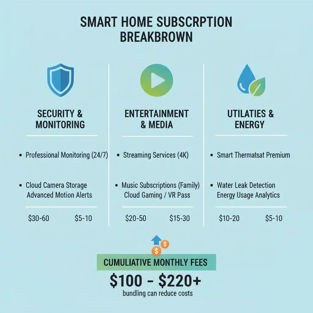 Infographic breaking down various smart home subscription categories and their associated monthly costs.