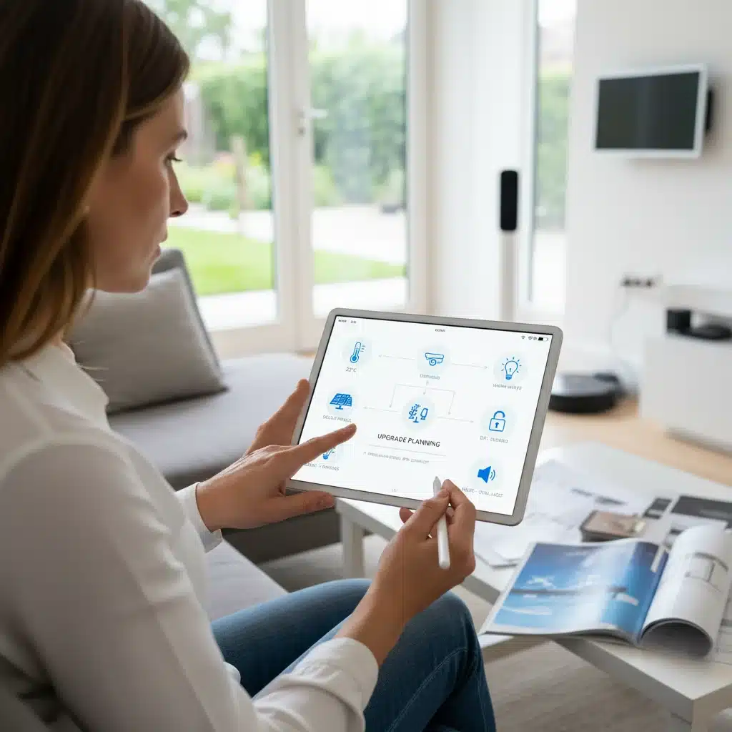 Homeowner planning smart home upgrades on a tablet, showcasing future-proofing strategies.