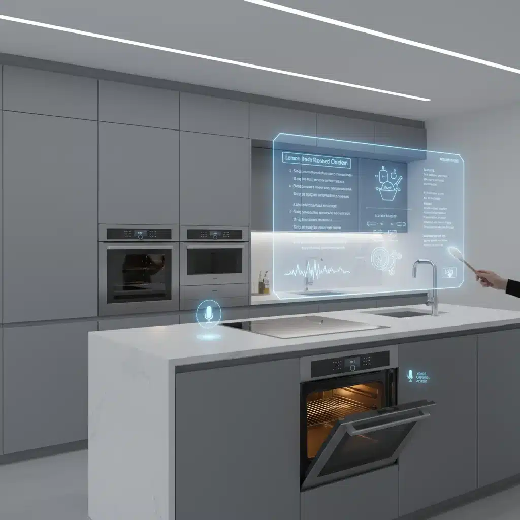 Smart kitchen appliances responding to voice commands and displaying holographic recipe