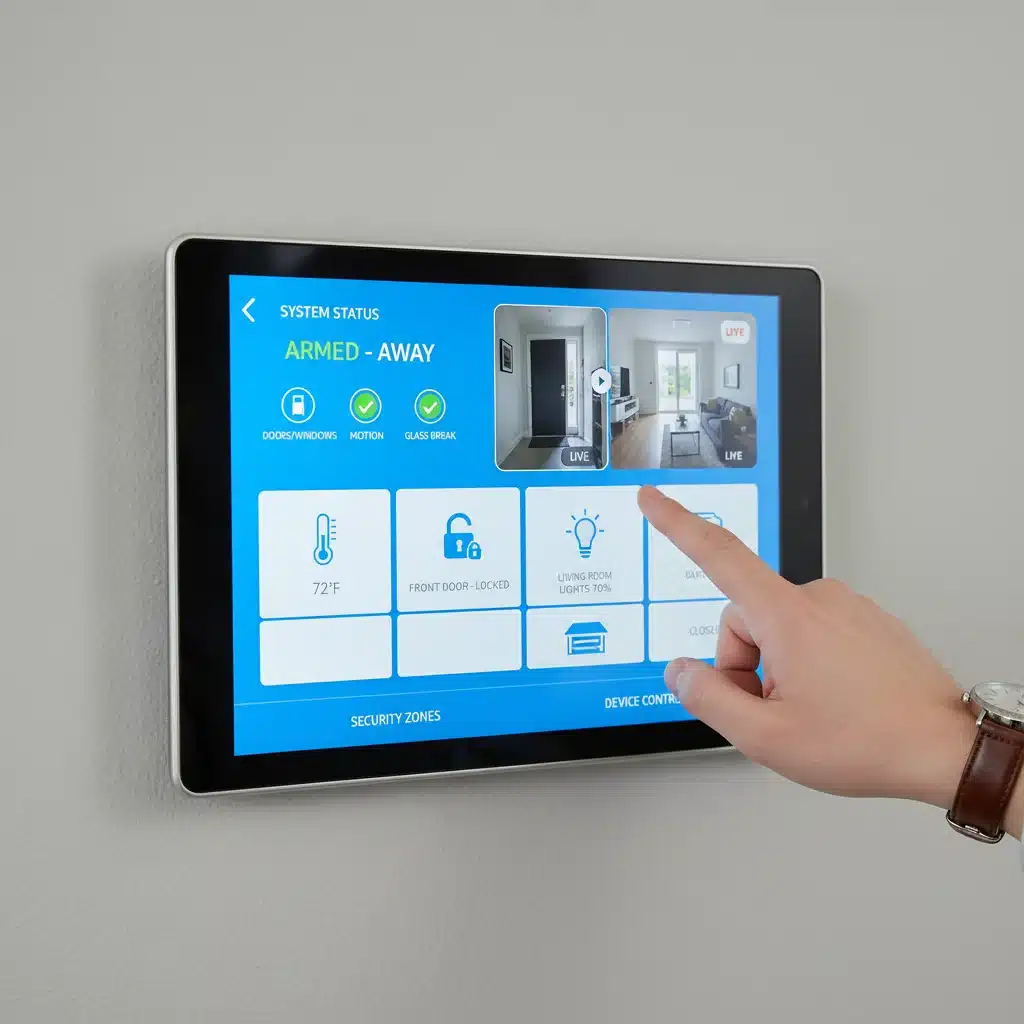 Smart home security control panel showing live feeds and device status